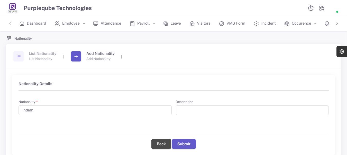Add Nationality form with Nationality and Description input fields